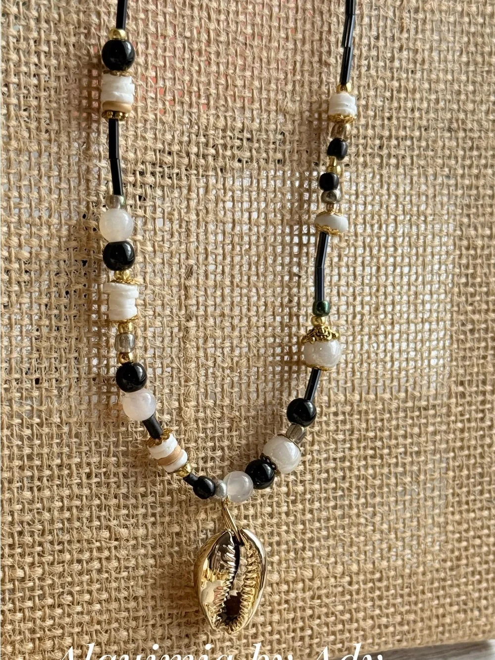 Gold Cowrie Shell Pendant Necklace with Black onyx and White agate Beads